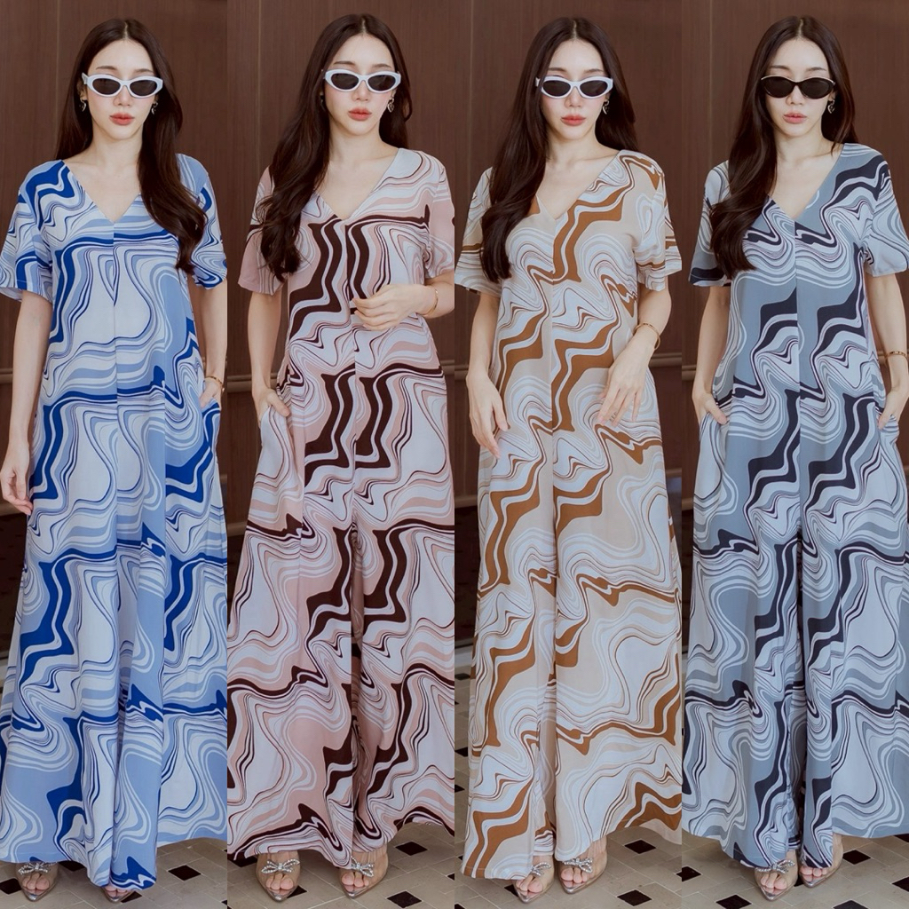 289 จั้มสูทคอวีแขนสั้นลายกราฟฟิก (ผ้าไหมญี่ปุ่น)