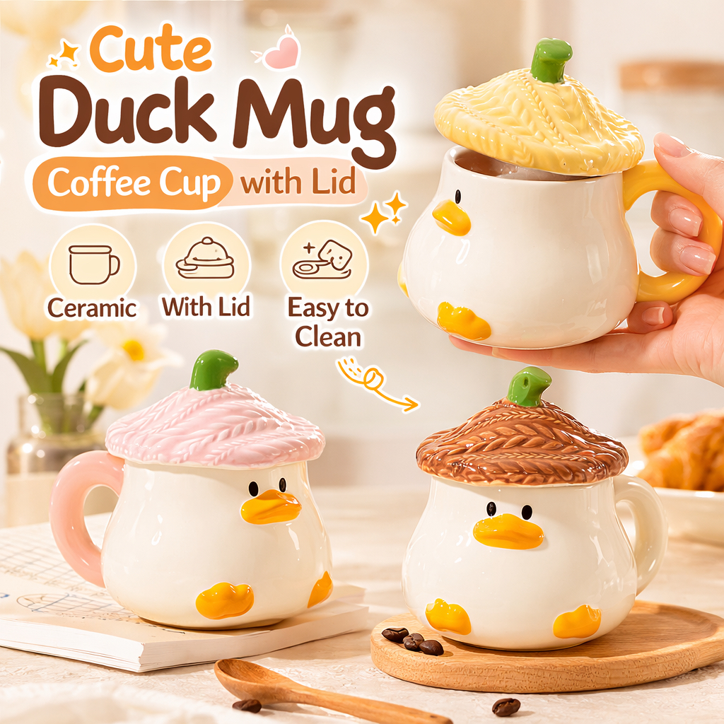 แก้วน้ำเป็ดการ์ตูน เซรามิค แก้วกาแฟพร้อมฝา