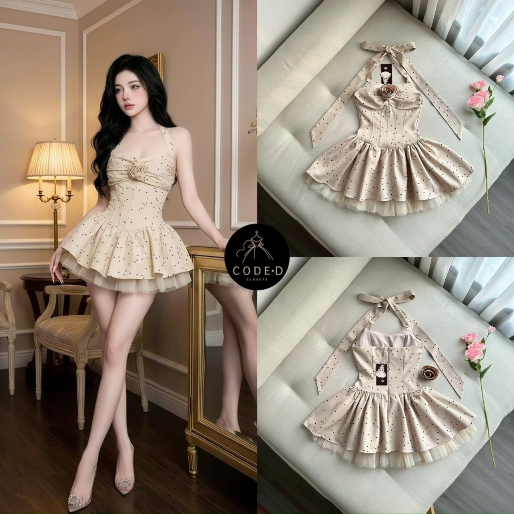 [CODE-D] มินิเดรสผูกคอสายใหญ่สีน้ำตาลอ่อนลายจุด เนื้อผ้าอัดกาวอย่างดี มาพร้อมเข็มกลัดดอกไม้สีเดียว