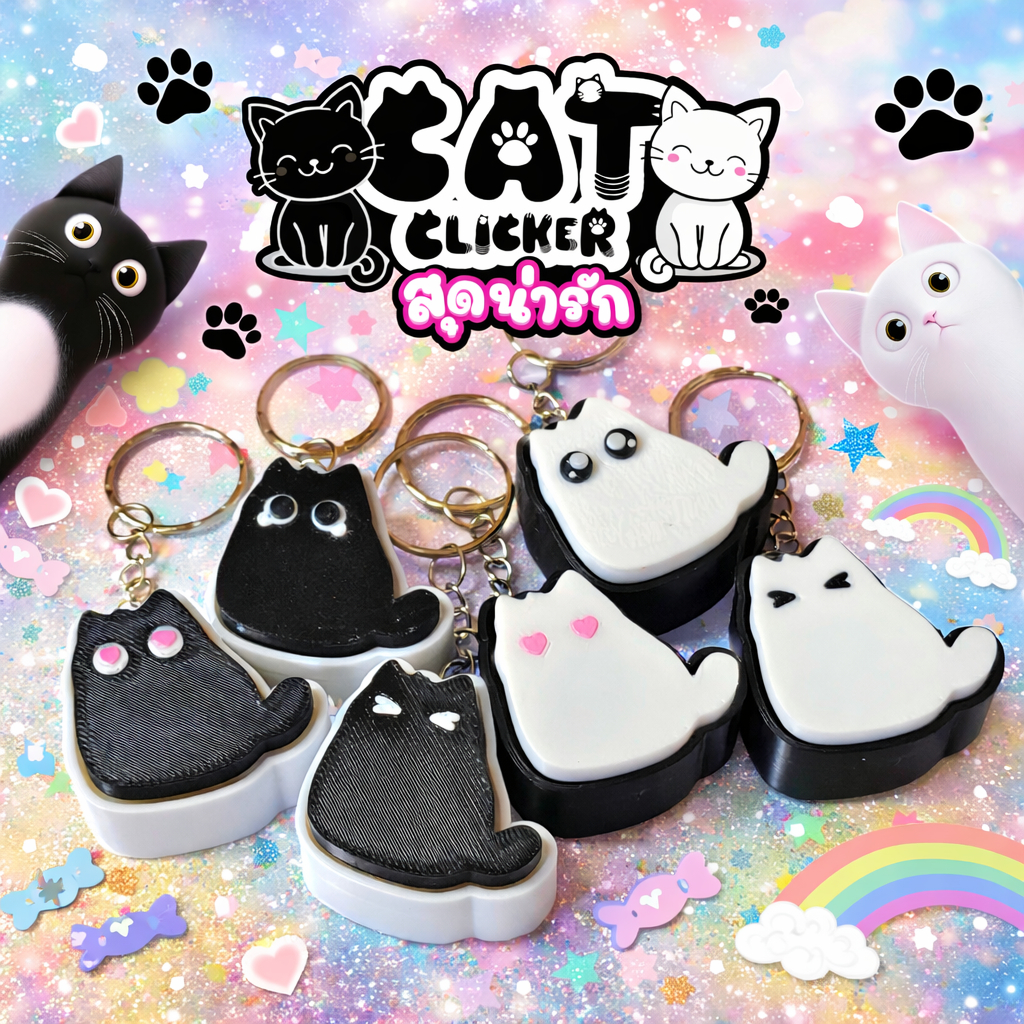 พวงกุญแจ Clicker แมวเหมียว สุดน่ารัก กดได้ สีขาว-ดำ 3D Print สินค้าพร้อมส่ง สีเดียวกันแจ้งในแชทได้