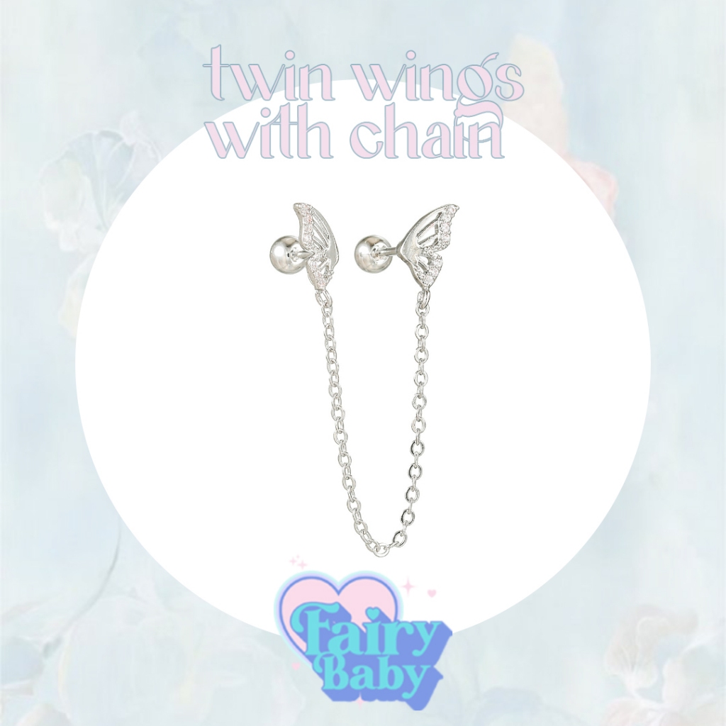 Fairybaby จิว Twin Wings with Chain ( 1 ชิ้น ) แป้นกลม ใส่ได้ 2 รู จิวตุ้มหู งานโซ่ ปีก โซ่ห้อย 0.8 ยาว 6 mm (J1-162)