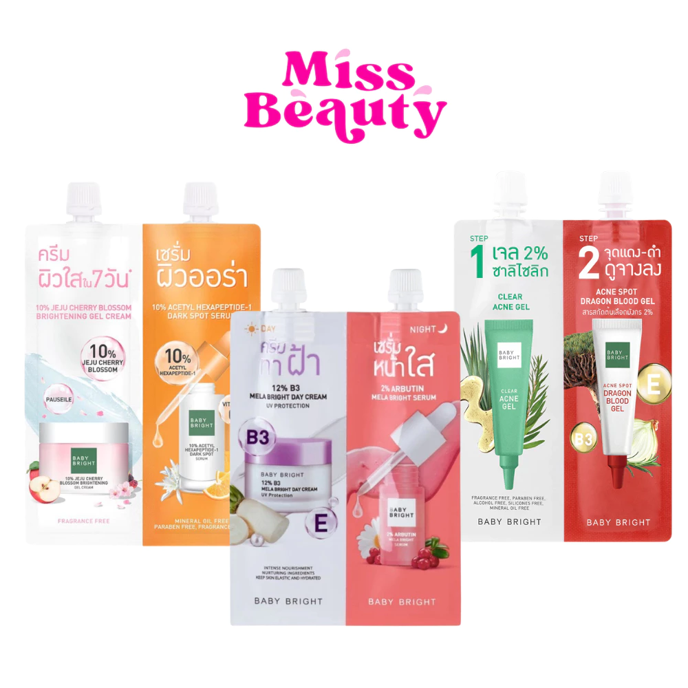 (1 ซอง)(ครีมซอง 2 หัว) BABY BRIGHT 2 IN 1 SET เบบี้ไบร์ท DAY & NIGHT/CLEAR & TREAT ACNE/SERUM & AURA 6g+6g