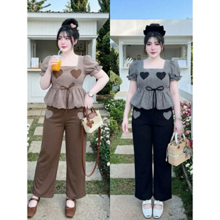 ชุดเซ็ตสก็อตหัวใจ เสื้อบอลลูลแขนตุ๊กตา+กางเกงขายาวแต่งหัวใจ …