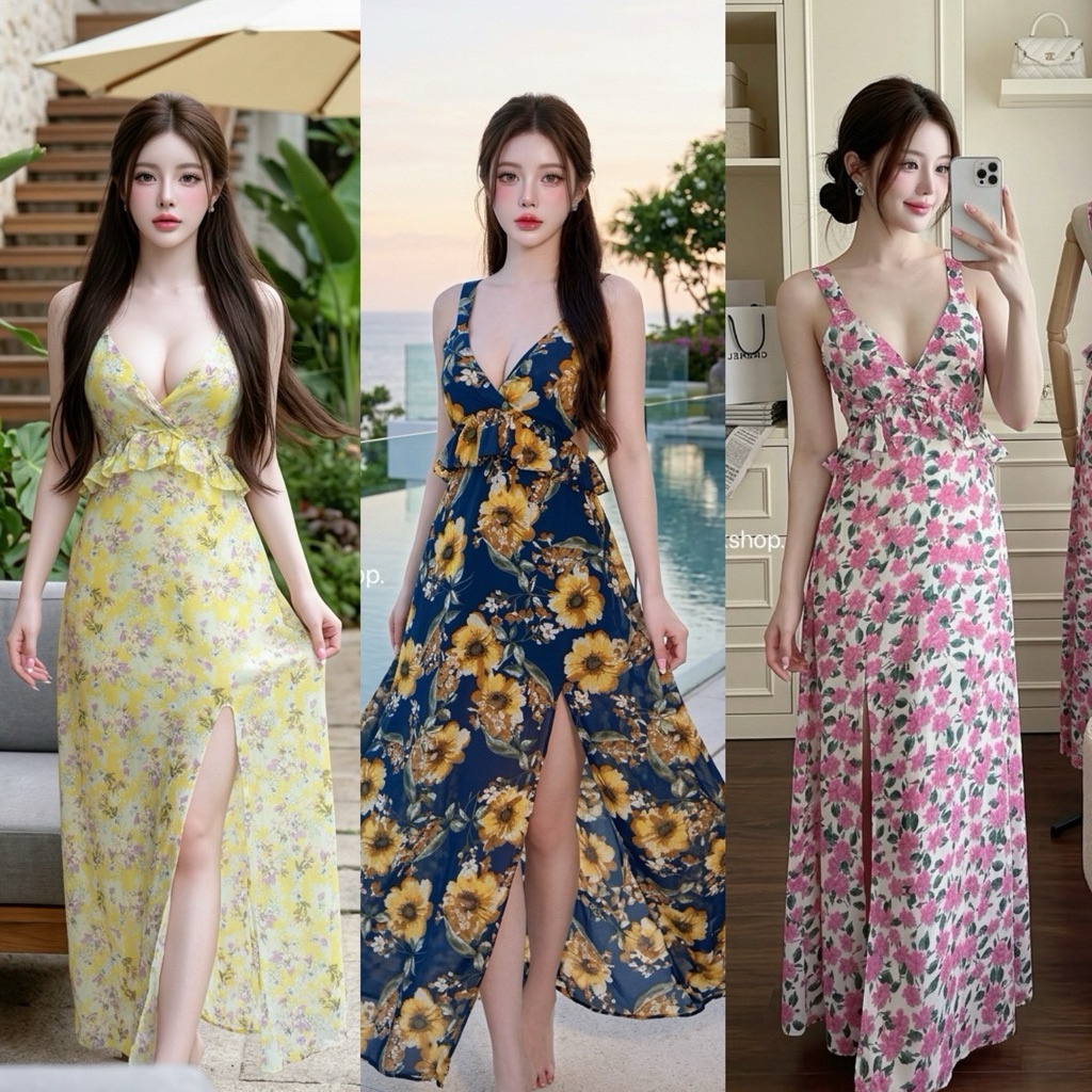 Teera❤️พร้อมส่ง✨OOTD SUMMER 🏝️⛱️ เดรสยาวผ้าชีฟองลายดอก🌸เน้นผ้าพริ้วใส่สบาย หลังผูกปรับช่วงตัวได้ มีซับใน💥Goodluck p032