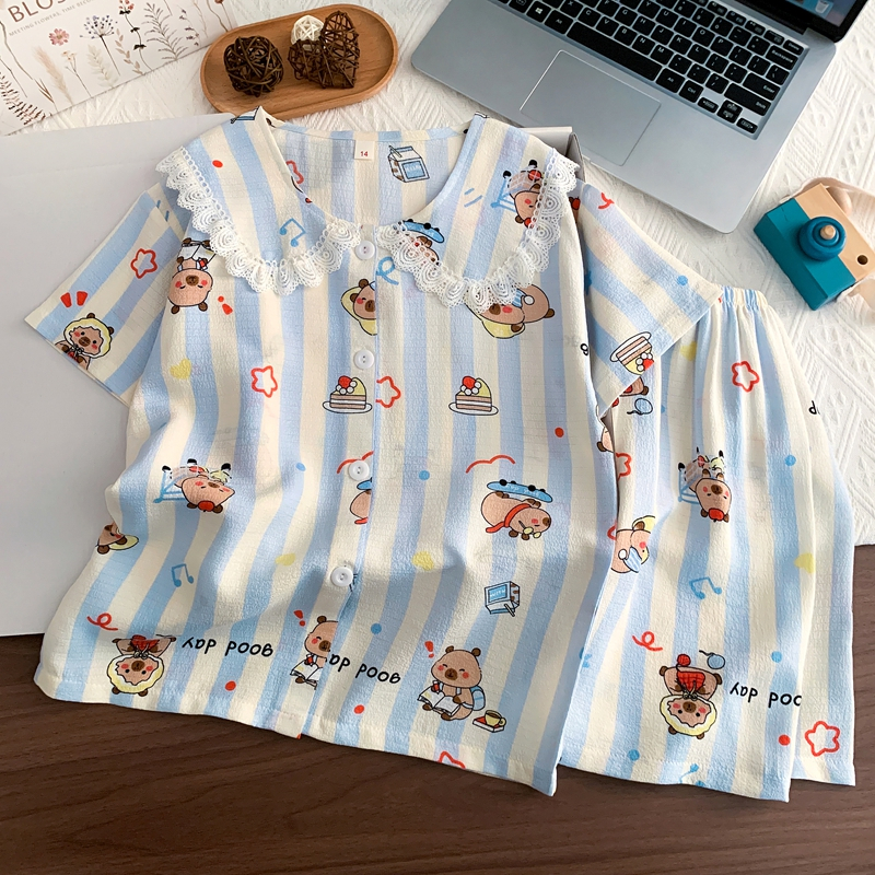 🎁90~155cm,เสื้อผ้าสาวๆ,ชุดนอนเด็กผู้หญิง,สไตล์เจ้าหญิง,เสื้อแขนสั้น+กางเกงขาสั้น