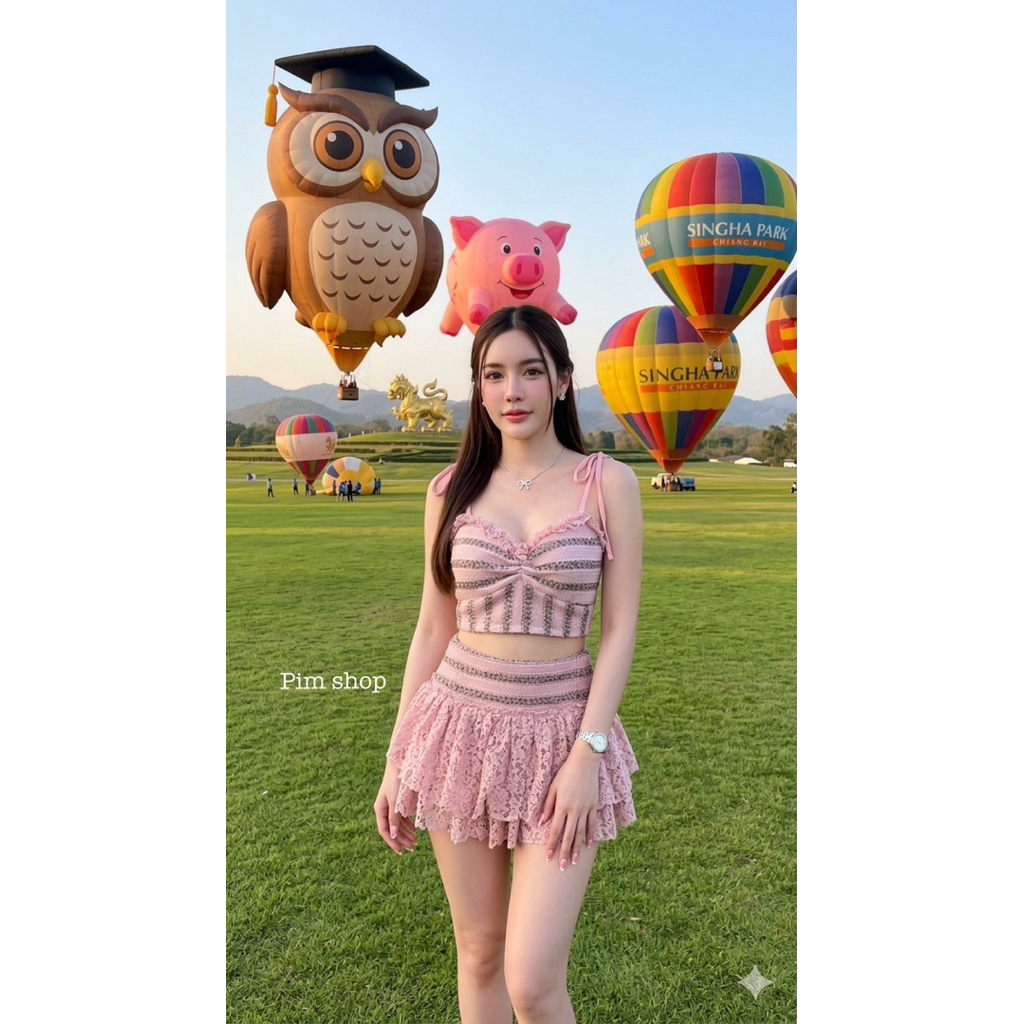 Phapassz - เซท 2 ชิ้น เสื้อสายเดี่ยวผูกไหล่ งานผ้าทวิส สวยแพงมาก กระโปรงแต่งลูกไม้น่ารัก เซ็กซี่ #Ontop