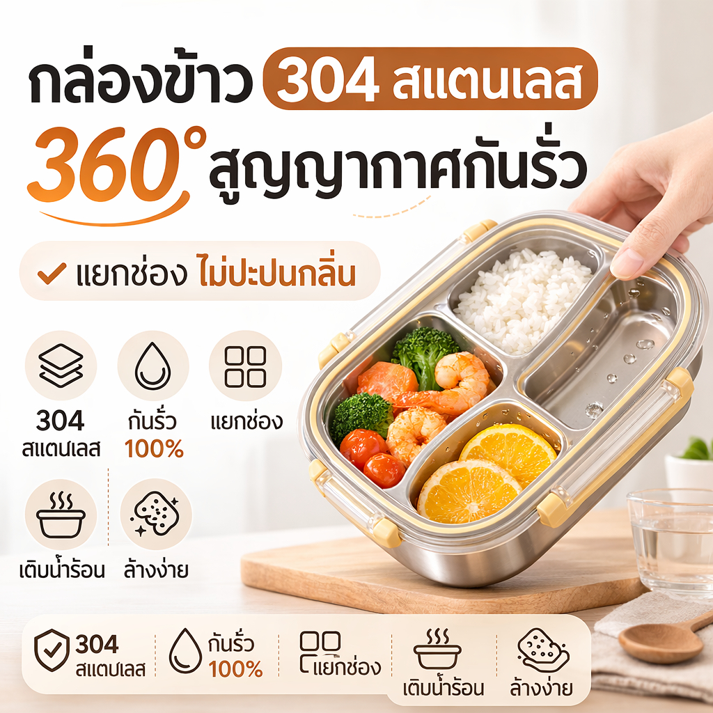 กล่องข้าวสแตนเลส 316 กล่องอาหารพกพา กันรั่ว 360° แยกอาหารไม่ปะปนกลิ่น เข้าไมโครเวฟได้ ใช้งานสะดวก