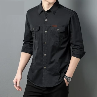 เสื้อเชิ้ตผู้ชายแขนยาว ผ้าคอตตอน ทรงพอดี กระเป๋าคู่ สไตล์ลำลอง ใส่ทำงานหรือเที่ยวได้ หลายสี[COD]