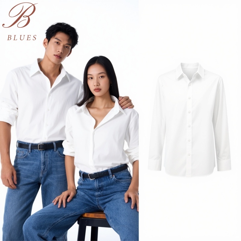 B BLUES Everyday Shirt เสื้อเชิ้ตสีขาว แขนยาว มีกระเป๋า  ทรงปกติ แต่งตัวง่าย ดูดี รีดง่าย ใส่ได้หลายลุคทุกโอกาส