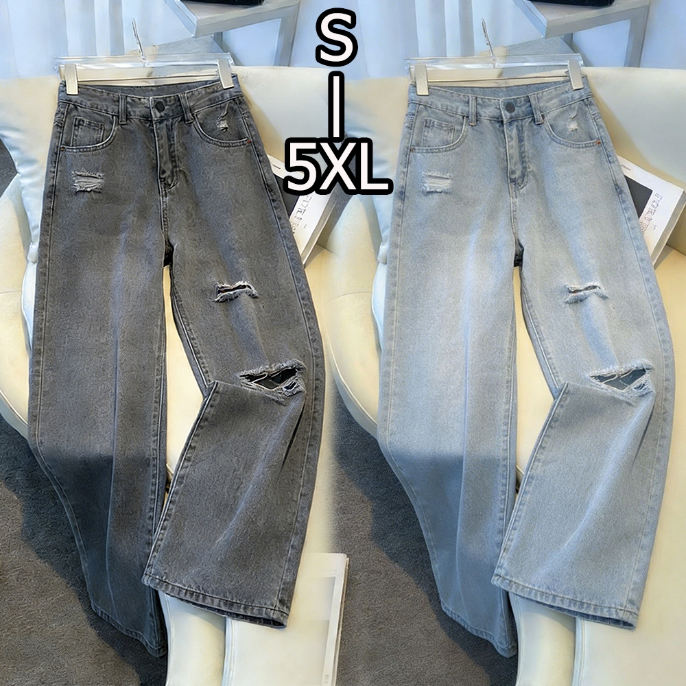 S~5XL Ripped jeans Grey Blue กางเกงขายาวทรงกว้างสีเทาขาดๆ กางเกงยีนส์ทรงหลวมเอวสูงทันสมัยสำหรับใส่ลำลอง HOT