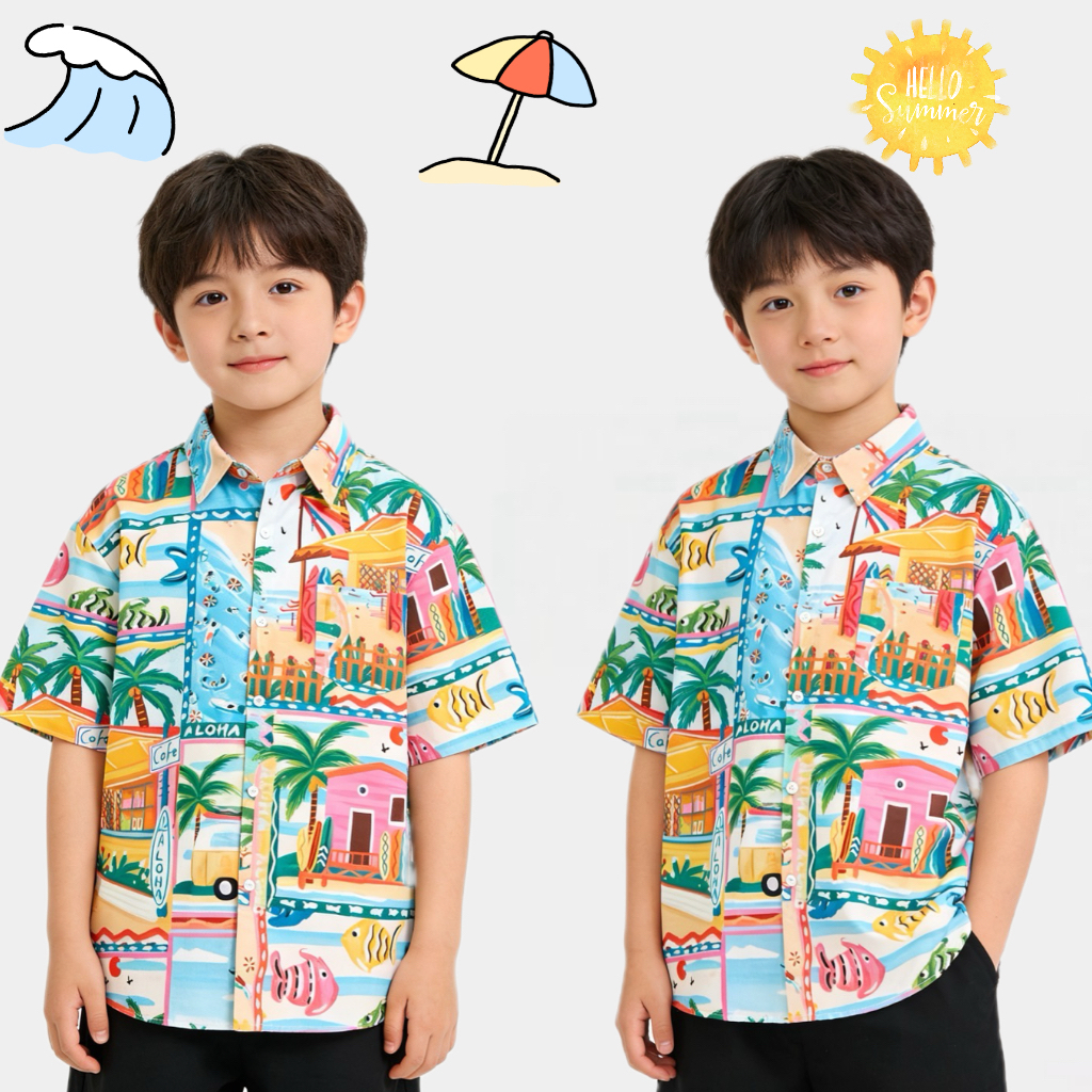 BB211 เสื้อเชิ้ตเด็กลายทะเล Aloha Summer เสื้อฮาวายเด็ก เสื้อเด็กใส่เที่ยว ซัมเมอร์ ใส่สบาย ผ้านิ่ม เด็กผู้ชาย/เด็กผู้หญ