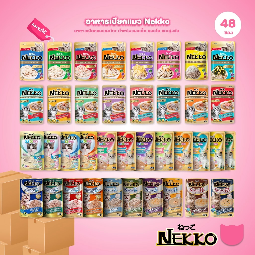 ของแท้!อาหารเปียกแมวเน็กโกะ [ยกลัง 48 ซอง] Nekko Pouch เนื้อทูน่า โภชนาการครบถ้วน ไม่ใส่สารกันบูด ขนาดซอง 70 กรัม