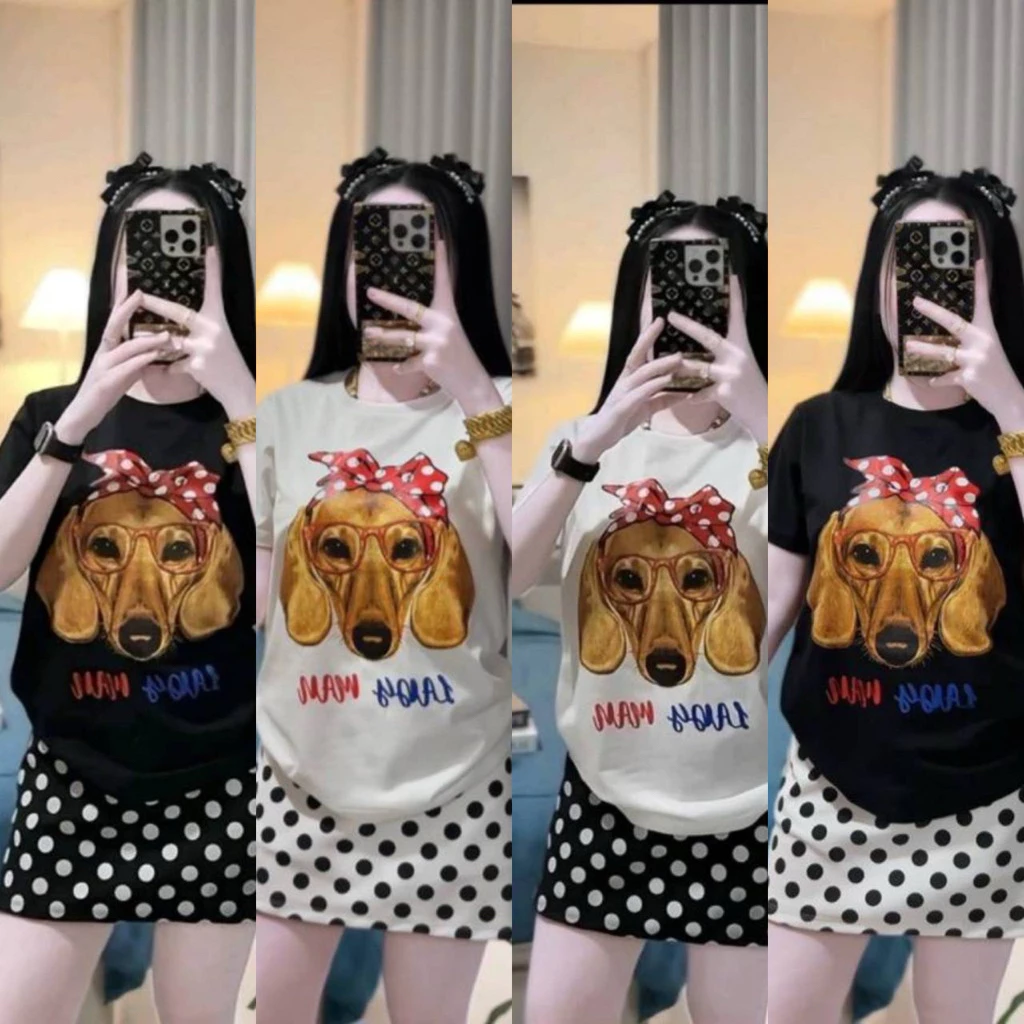 เซตเสื้อและกระโปรงลายน้องหมาโบว์ ผ้าเนื้อนุ่ม ใส่สบาย ขนาดฟรีไซส์