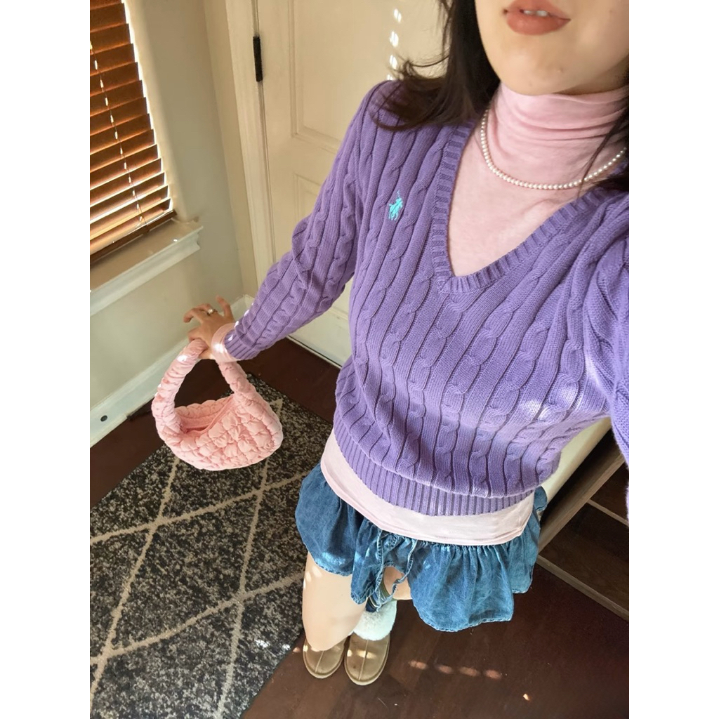 Polo ralph laurenCable-knit Cotton V-neck Sweater Purple สีม่วง ราคา ถูกที่สุด ดีลบีเคเค แกลเลอรีภาพที่ 6