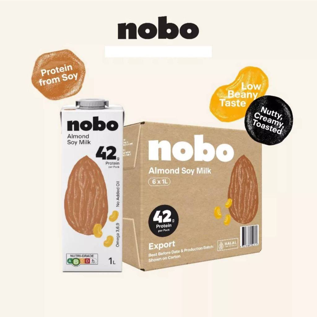 NOBO - นมถั่วเหลืองอัลมอนด์สูตรดั้งเดิม [1ลัง] [6กล่อง] Almond Soy Milk Original 1L x6 bottle