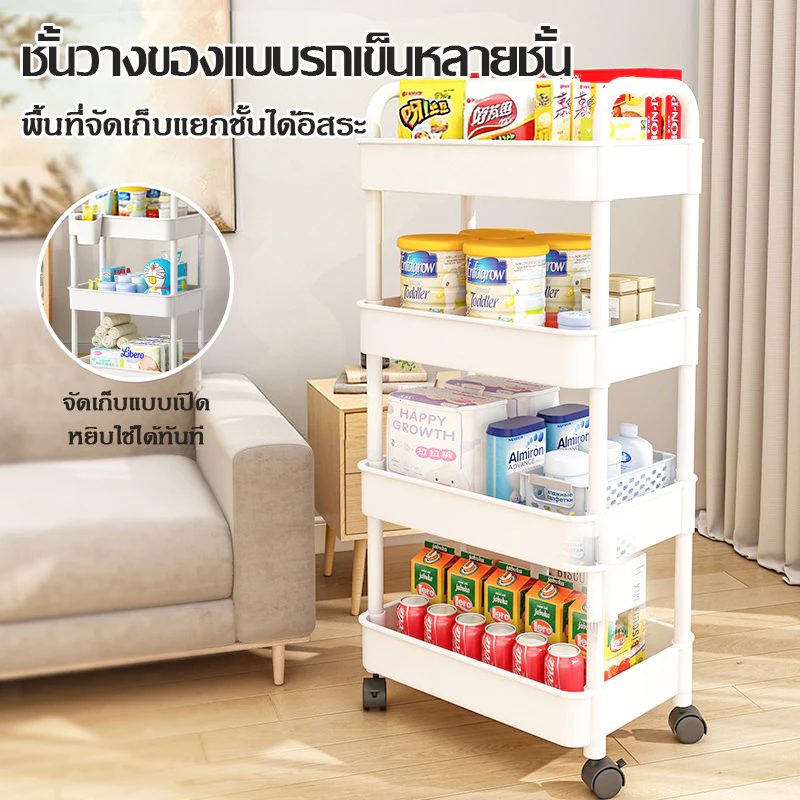 ชั้นวางของรถเข็นพลาสติก 3/4/5 ชั้น พร้อมล้อเลื่อนและที่จับ เอนกประสงค์ เคลื่อนย้ายสะดวก เหมาะใช้เก็บของในครัว ห้องทำงาน