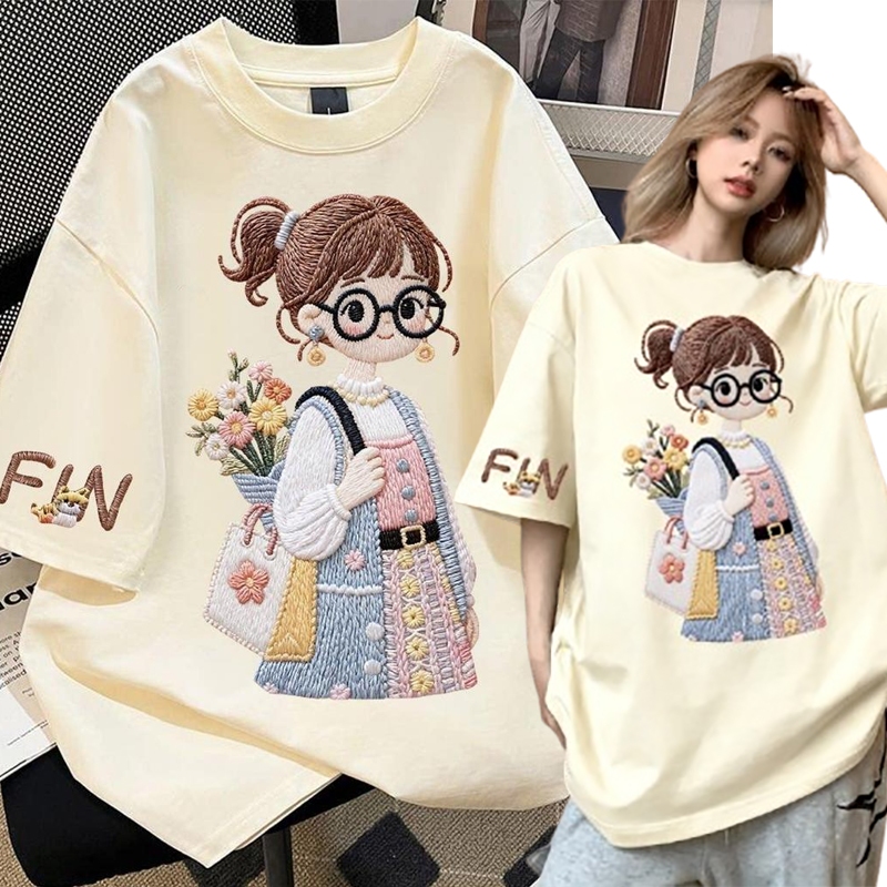 Top.street [COD]เสื้อน่ารัก แขนสั้น คอกลม t shirt oversize cotton100% ใส่สบาย สไตล์ลำลอง 'FIN girl' 2026