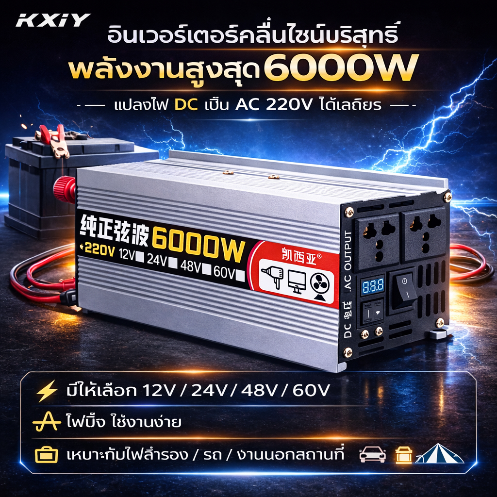 อินเวอร์เตอร์ 3200W/6000W Pure Sine Wave แปลงไฟ 220V ใช้ได้ 12V/24V/48V/60V สำหรับรถ บ้าน ไฟสำรอง