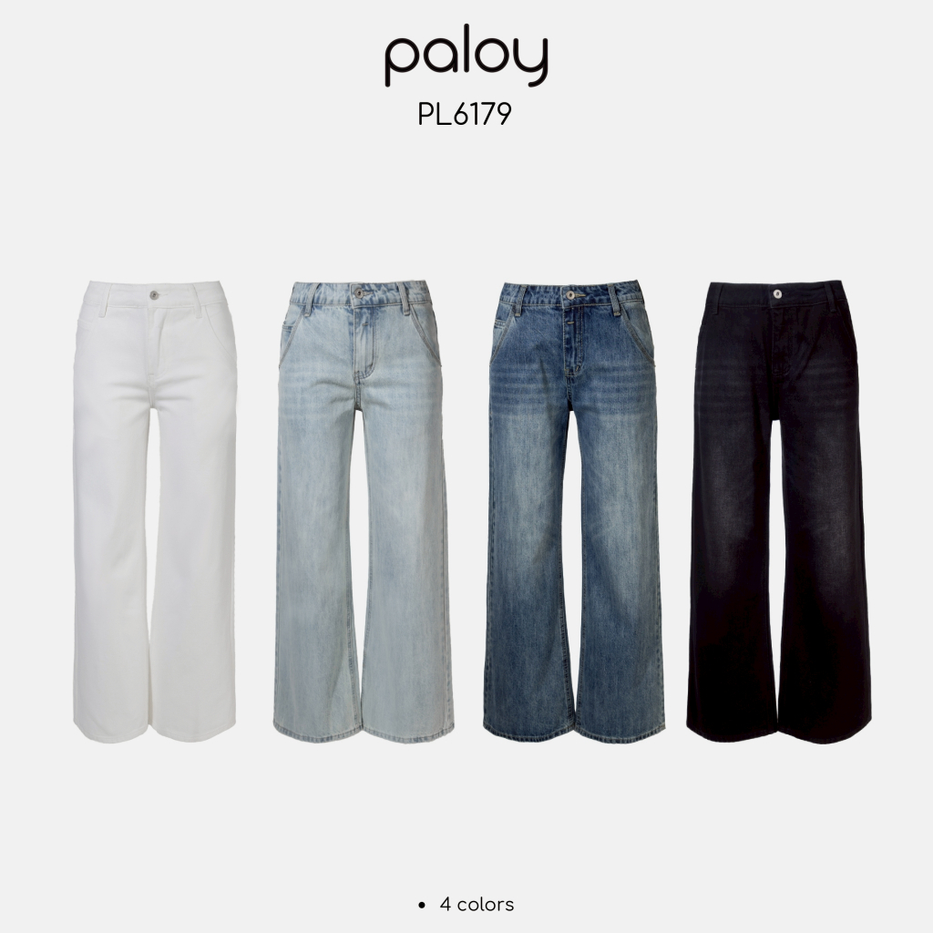 Paloy - PL6179 กางเกงยีนส์ขากระบอกกลาง เอวต่ำ แต่งเฟด