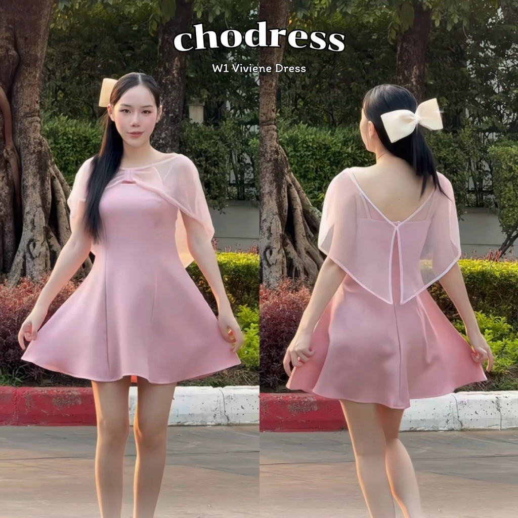 (S-XL) W1 Viviene Dress เดรสสั้นมุ้งปาดไหล่แยก 2 ชิ้น สไตล์ลูกคุณหนู มี 4 ไซส์ หลังไม่มีสม็อค ส่งไว พร้อมส่ง