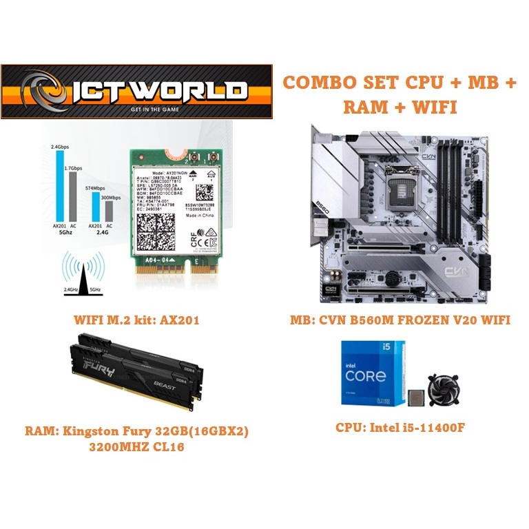 COMBO SET CPU i5 11400F + CVN B560M FROZEN G WIFI + RAM 32GB(16GBX2) 3200MHZ CL16 + WIFI6 AX201 ชุดเ