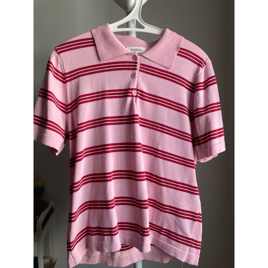 เสื้อโปโล Knit คอปก ลายริ้วสีชมพู 14Days