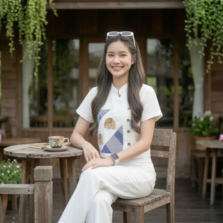 เสื้อพื้นเมืองผู้หญิงคอจีนป้ายแต่งแถบลายไทยติดตุ๊กตาลายช้าง