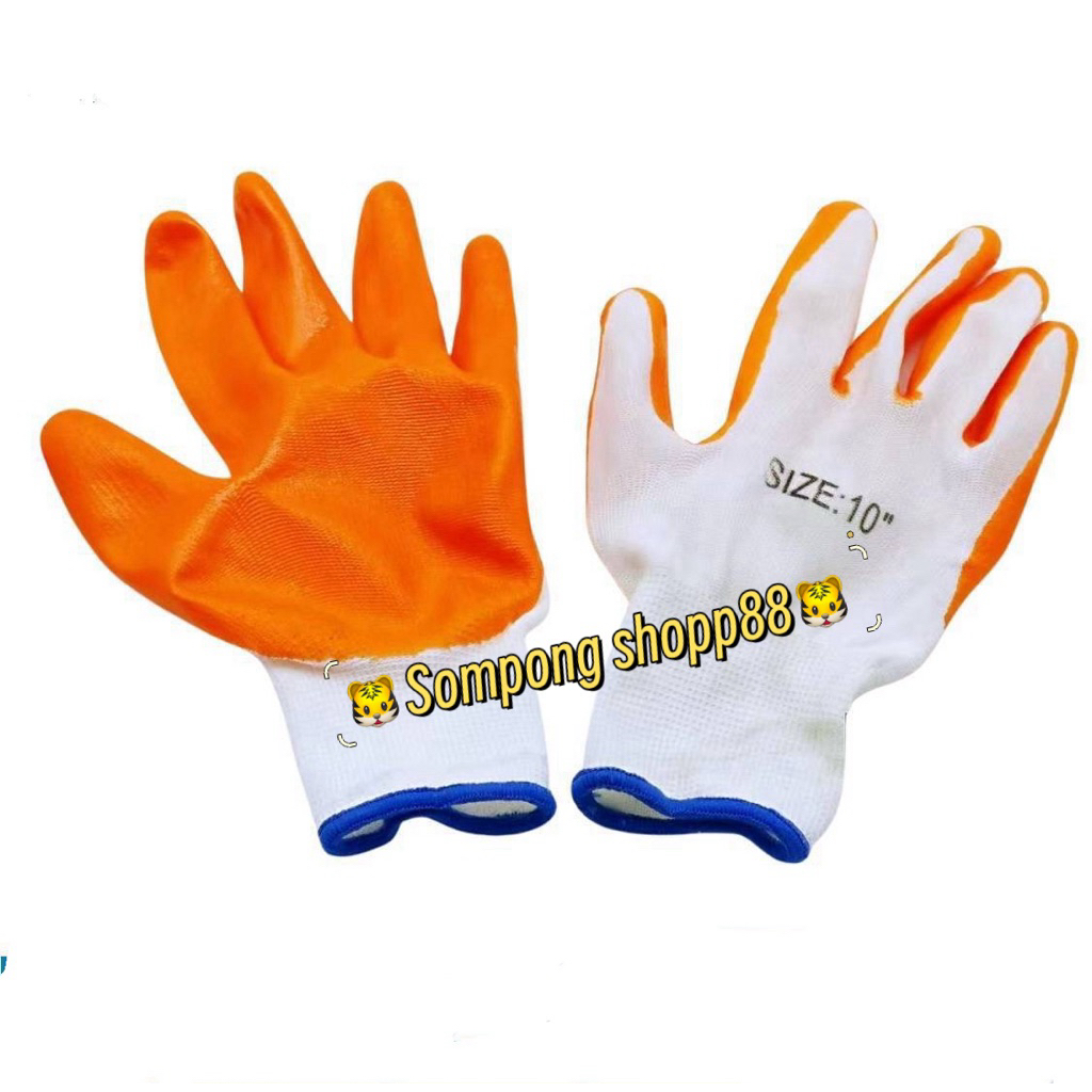 < ยกโหล 12 คู่> ถุงมือไนลอนเคลือบยางพารา สีส้ม กันลื่น เนื้อ PU ระบายอากาศดี ฟรีไซส์