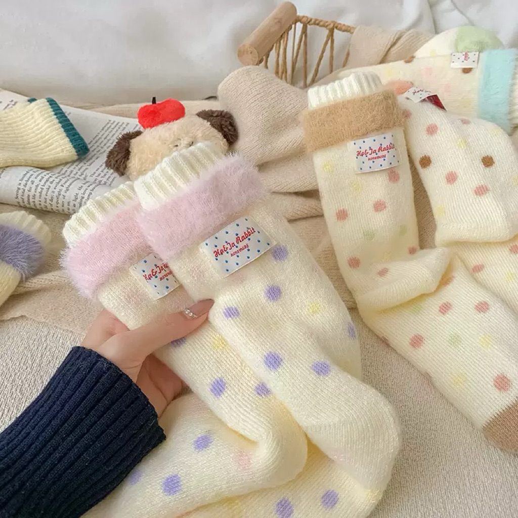 (พร้อมส่ง🛻)ถุงเท้าขนมิงค์ Sweet Pastel Dot 🧦🍳ꕀ ขนฟูนุ่ม ใส่สบาย ลายจุดพาสเทลสุดคิ้วท์