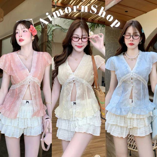 🔥aimorn_shop🔥เสื้อคอวีแขนล้ำ ผ้าบางแต่งลูกไม้กระดุมมุก มีสายผูกหลัง งานน่ารักมาก แมทช์ง่ายสุดๆ