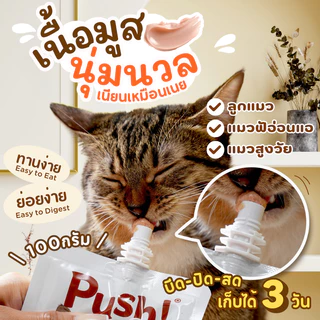 Push! อาหารแมว ซองบีบ [6/12/24 ซอง] 🔵 ไก่+น้ำซุป Complete Balance 100g เนื้อมูสนุ่ม ไม่เติมเกลือ