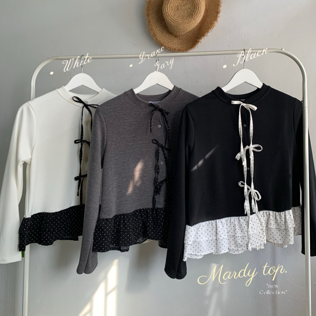 :mardy top x polkadot⋆ツ  ྀི ✿ ผ้ายืดเนื้อนุ่มม ระบายชายแต่งริมลายpolkadot  กระดุมหน้า+ลูกเล่นโบว์ด้านหน้า  ระบาย2ชั้น〰️