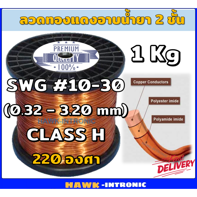 ลวดทองแดงอาบน้ำยา 2 ชั้น 200 องศา 1 Kg SWG #10-30 ลวดพันมอเตอร์ไฟฟ้า ปั๊มน้ำ ไดนาโม มอเตอร์พัดลม หม้อแปลงไฟฟ้า AIW