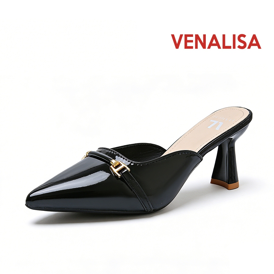 Venalisa รองเท้าแตะส้นสูงผู้หญิง หนังแท้ 3 นิ้ว แหลม แฟชั่น กริช เกาหลีใต้ ความเรียบง่าย งานออฟฟิศ