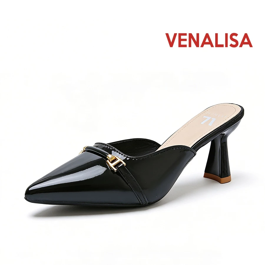 Venalisa รองเท้าแตะส้นสูงผู้หญิง หนังแท้ 3 นิ้ว แหลม แฟชั่น กริช เกาหลีใต้ ความเรียบง่าย งานออฟฟิศ