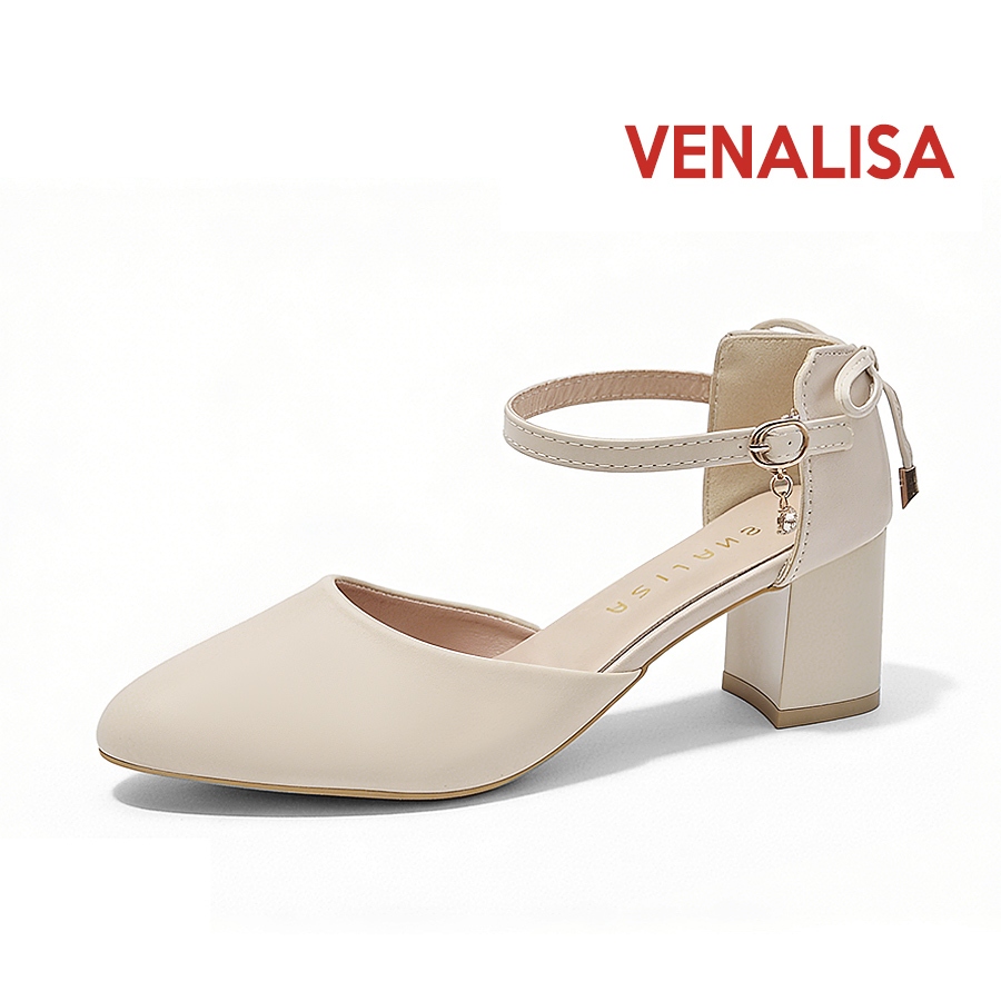 Venalisa รองเท้าส้นสูงผู้หญิง เกาหลีใต้ หนังแท้ แหลม ส้นหนา โค้งคำนับ เหมาะสำหรับงานออฟฟิศ ปลอบโยน