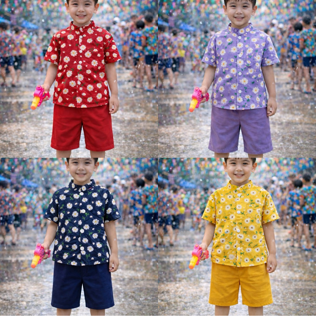 ชุดเชตเด็กผู้ชายเสื้อลายดอกเดซี่ กางเกงสีพื้นขาสั้น ผ้าฝ้ายใส่ไม่ร้อน