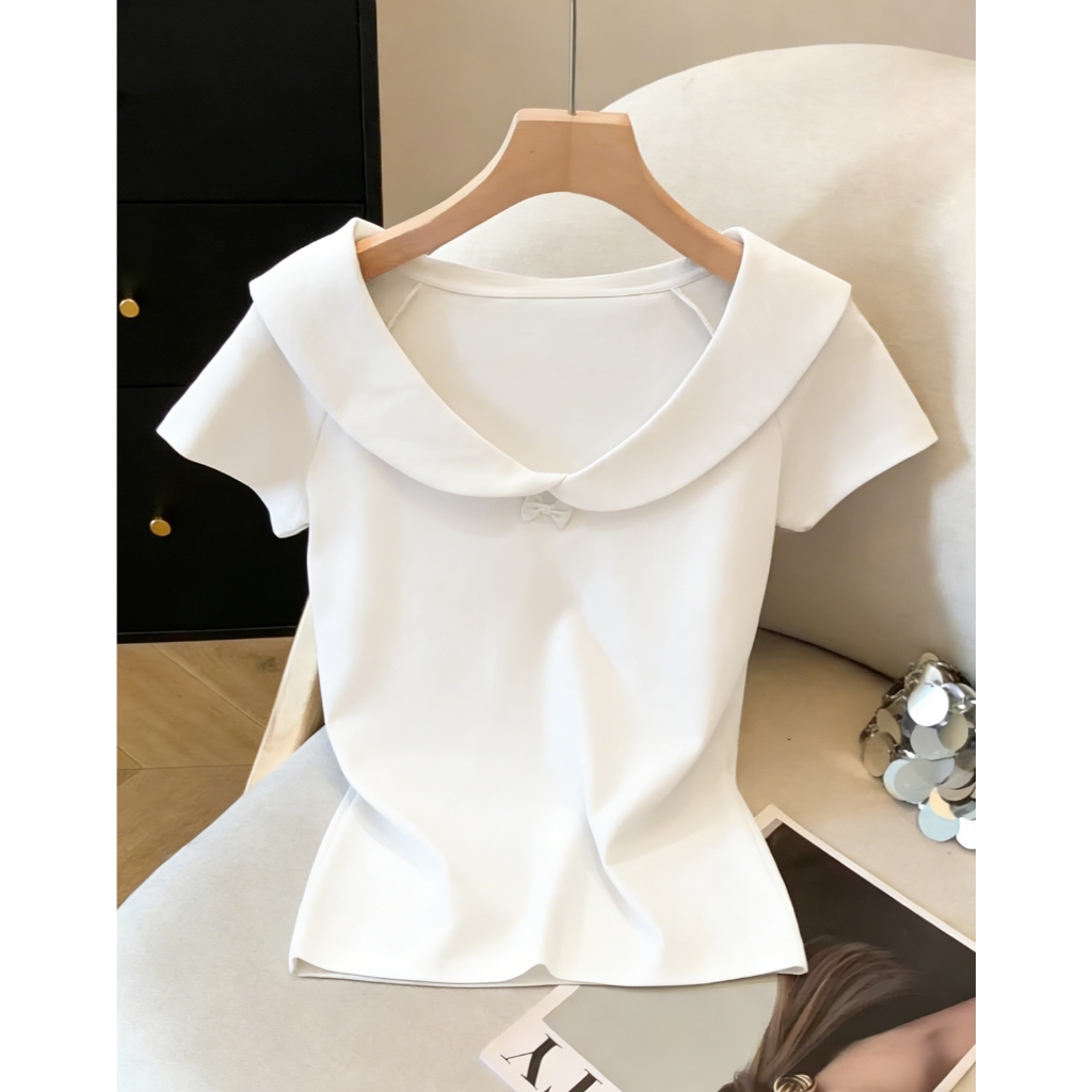 เสื้อแขนสั้นสไตล์เกาหลีใหม่ ดีไซน์ปกคอและโบว์ผูกคอ มีให้เลือก 4 สี เสื้อผู้หญิง ขนาด M-3XL
