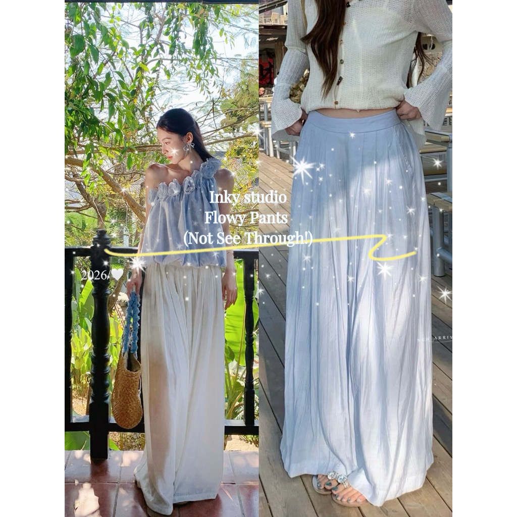 Inkystudio Flowy Wide-Leg Pants (Not See Through) กางเกงขายาวทรงหลวม ผ้าพริ้วเบา ใส่สบายมาก 🤍 ไม่บาง ไม่โป๊