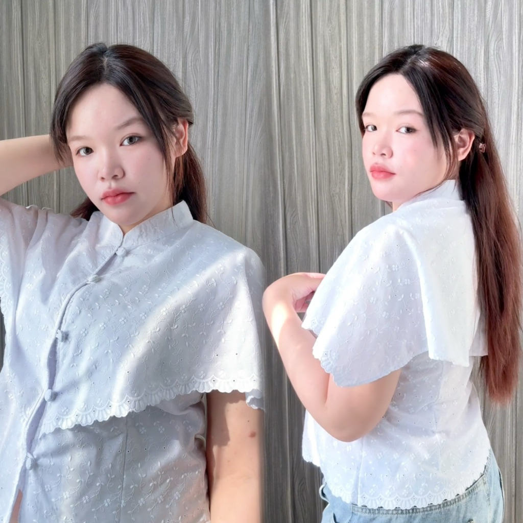 เสื้อลูกไม้ฉลุ รุ่นค้างคาวคลุมไหล่ใส่แล้วปิดต้นแขนดีมาก เข้ารูปผ้าคอตตอล ใส่สบายไม่ร้อน