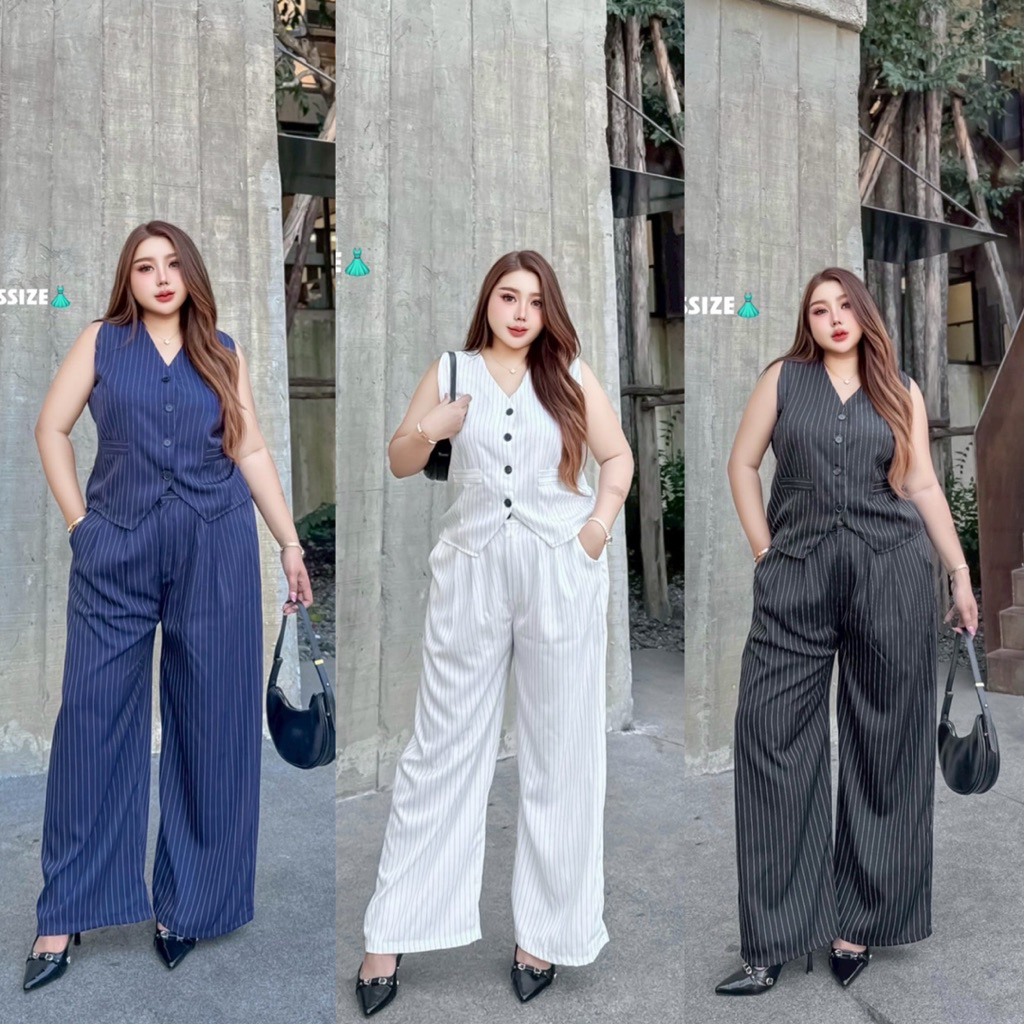 (YY) เซ็ต เสื้อกั้ก+กางเกงขายาว ผ้าลายริ้ว ทรงสวยเป๊ะมาก ใส่ทำงาน ออกงานได้เลย ดูดีมากๆ เสื้อผ้าสาวอวบอ้วน ไซส์ใหญ่
