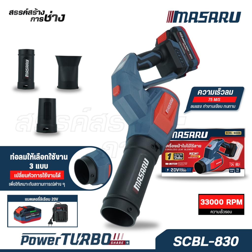 MASARU เครื่องเป่าใบไม้ 20V SCBL-830 สวิตช์ปรับความเร็วลมตามแรงกด 550W ได้3ระดับ Brushless