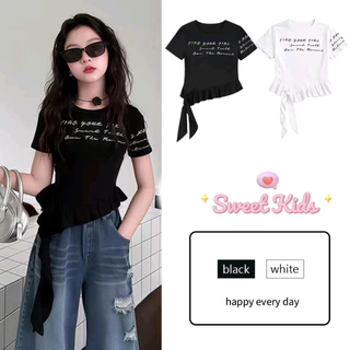 SweetKids พร้อมส่งจากกทม🌸เสื้อยืดแขนสั้นเด็ก🍓เสื้อคอกลมสำหรับเด็กผู้หญิง ทรงเข้ารูป ดีไซน์ชายกระโปรงระบาย สไตล์เกาหลี