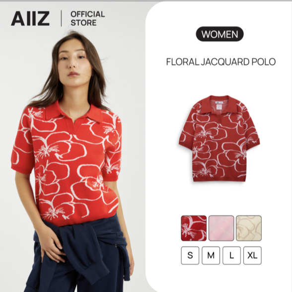 AIIZ เสื้อโปโลผู้หญิง ผ้าถักทอลาย AIIZ Women's Floral Jacquard Polo