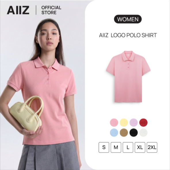 AIIZ เสื้อโปโลผู้หญิงสีพื้นปักโลโก้ผ้าคอตตอนโพลีเอสเตอร์