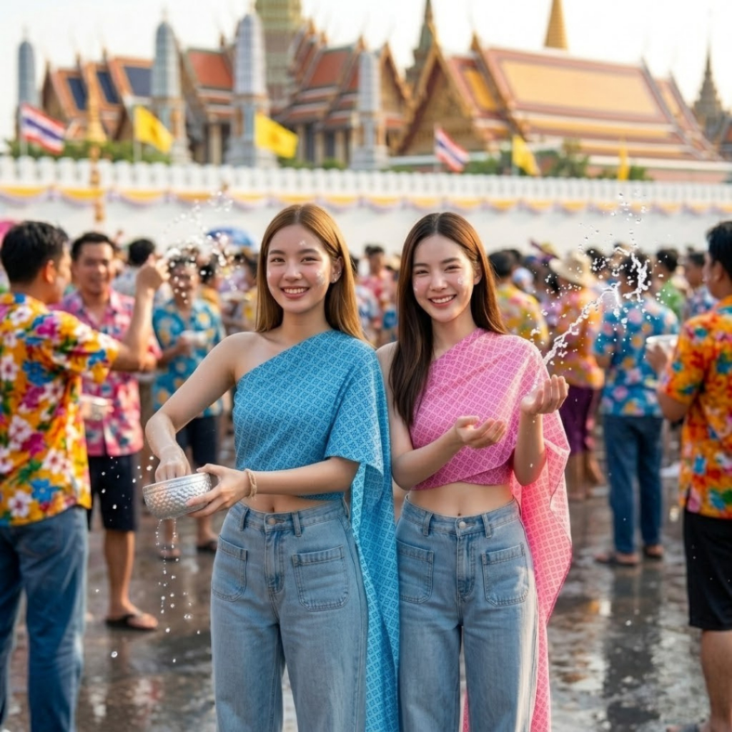 สไบใส่คู่ยีนส์ ผ้าคอตตอล พิมพ์ทอง