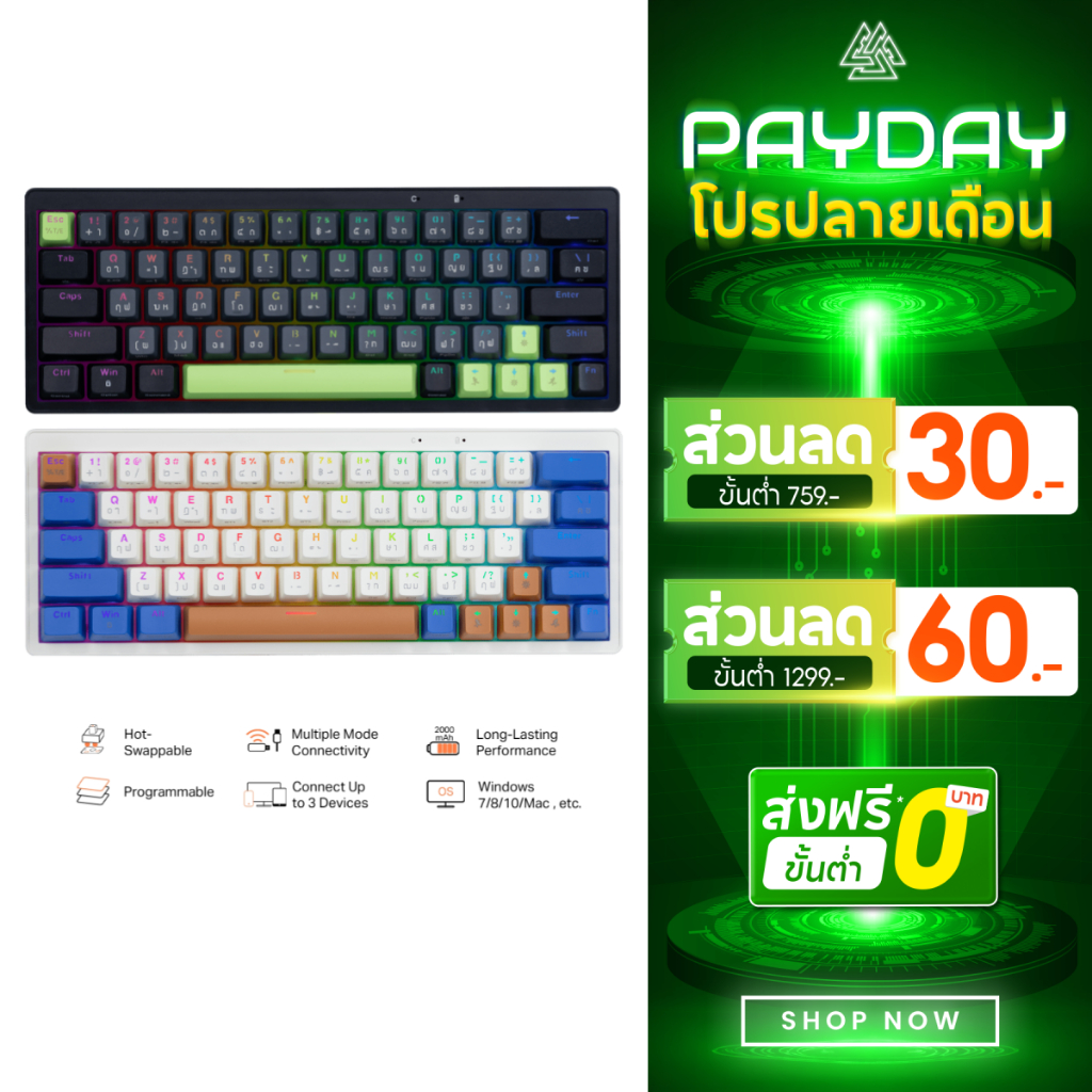 EGA คีย์บอร์ดเกมมิ่ง Bluetooth/Wireless/Wired TYPE CMK6 RGB Spectrum ขนาด 60% เปลี่ยนสวิตช์ได้ สินค้ารับประกัน 2 ปี