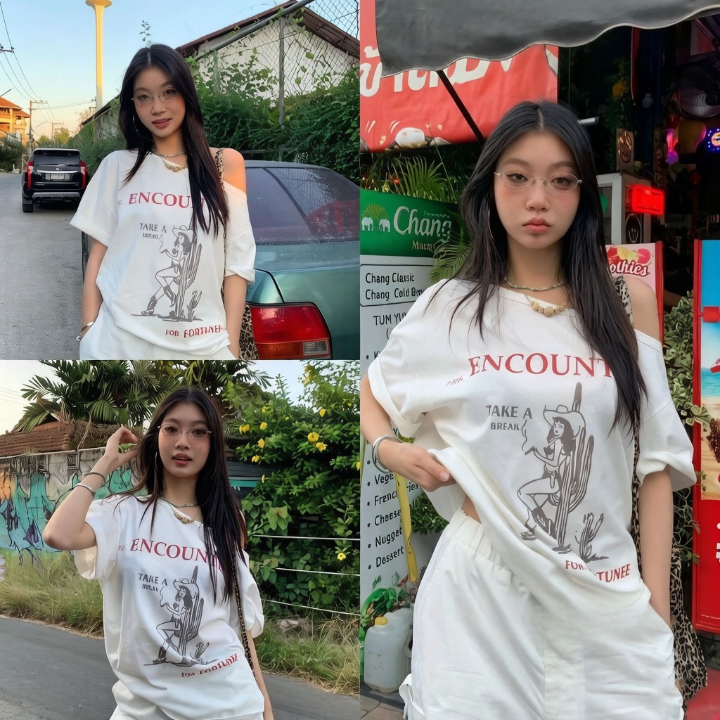 KKS🌺 เสื้อปาดไหล่แขนสั้นผู้หญิง ใส่สบาย ผ้านิ่ม ทรงOversize แมทช์ง่าย ได้ทุกลุค น่ารักละมุน "ENCOUNTER" 💖