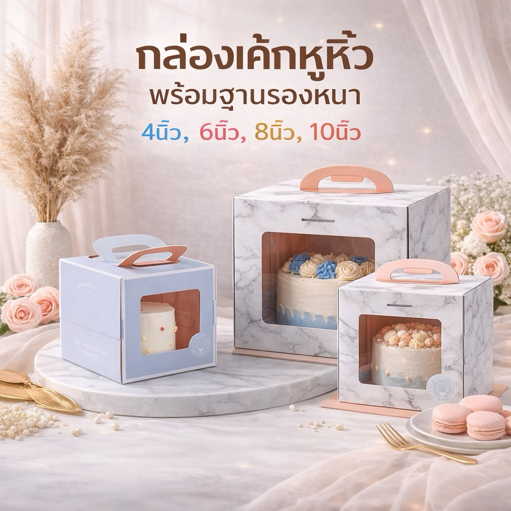 กล่องเค้ก เกาหลี แพค 5 ใบ ทรงสูง-หูหิ้ว 3 ขนาด พร้อมฐานรองเค้ก กล่องใส่เค้กครึ่งปอนด์ - 2 ปอนด์ หิ้วได้