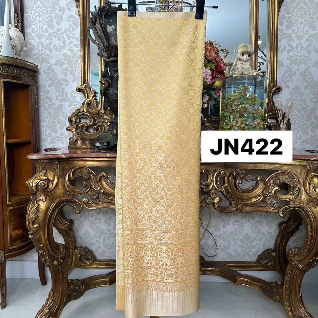 JN422 ผ้าฝ้ายอบนิ่ม ทอลาย ลายกุหลาบพันปี สีเหลืองทอง ขนาด 2 หลา